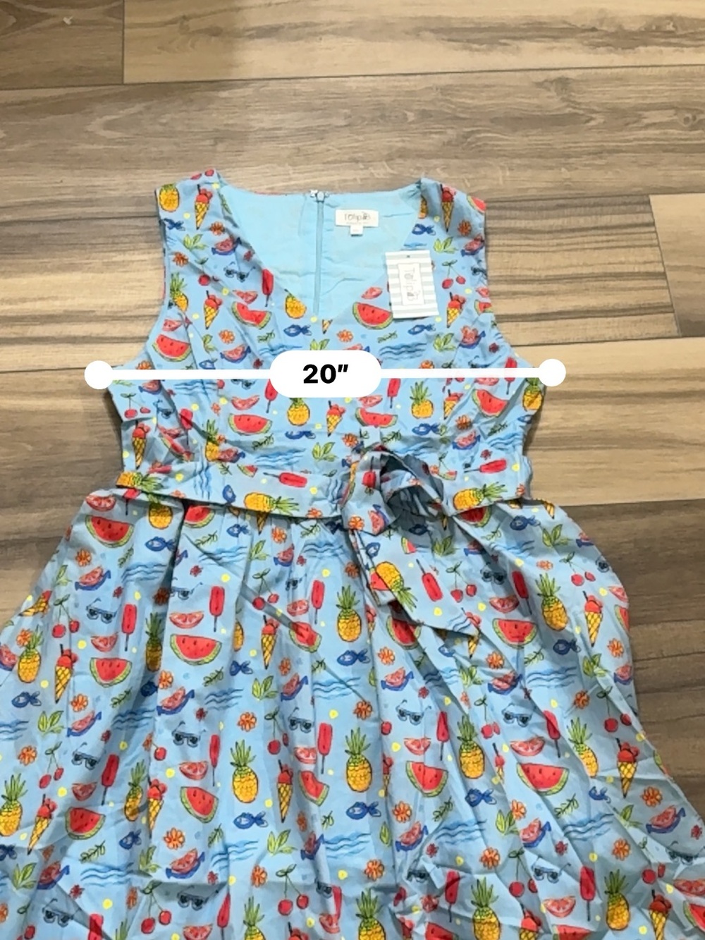 NWT TulipB Blue Fruit Print Cotton Fit & Flare Dress Large Summer Tie Waist - Picture 7 of 9